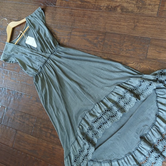 VANESSA ALEXANDRA I NWT Gray Hi-Low Eyelet Lace Trimmed Short Sleeve Dress, S - Picture 1 of 16